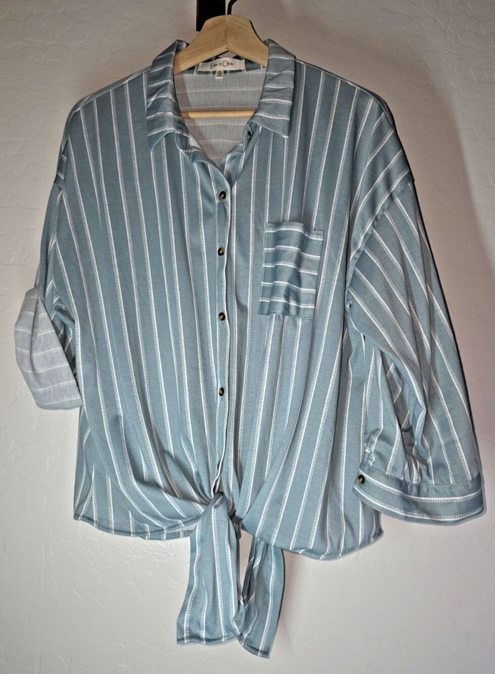Eden & Olivia  Vertical Striped Button-down Shirt w/ Front Tie Waist - Blue